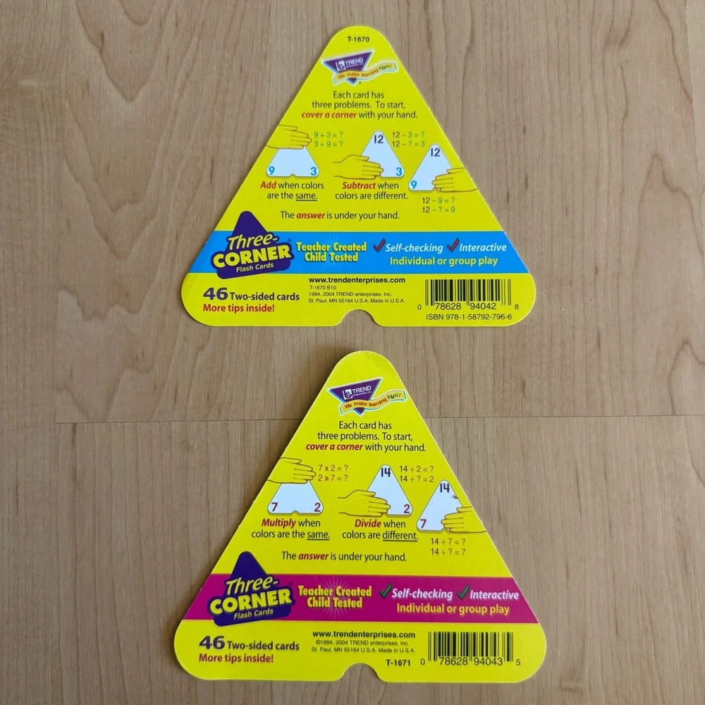 Lot of 2 Three-Corner Flash Cards: Addition/Subtraction, Multiplication/Division